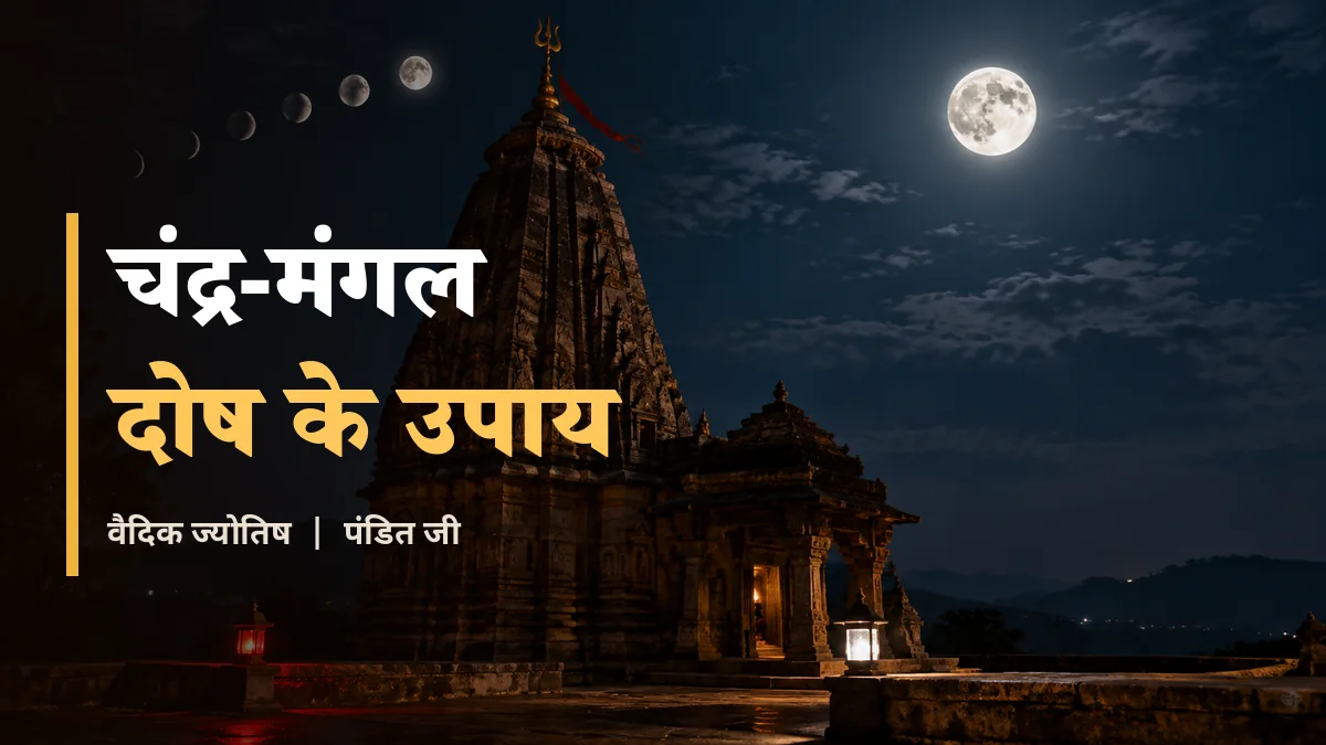 चंद्र मंगल रक्त दोष - रात में शिव मंदिर के ऊपर चंद्रमा और दो दीप
